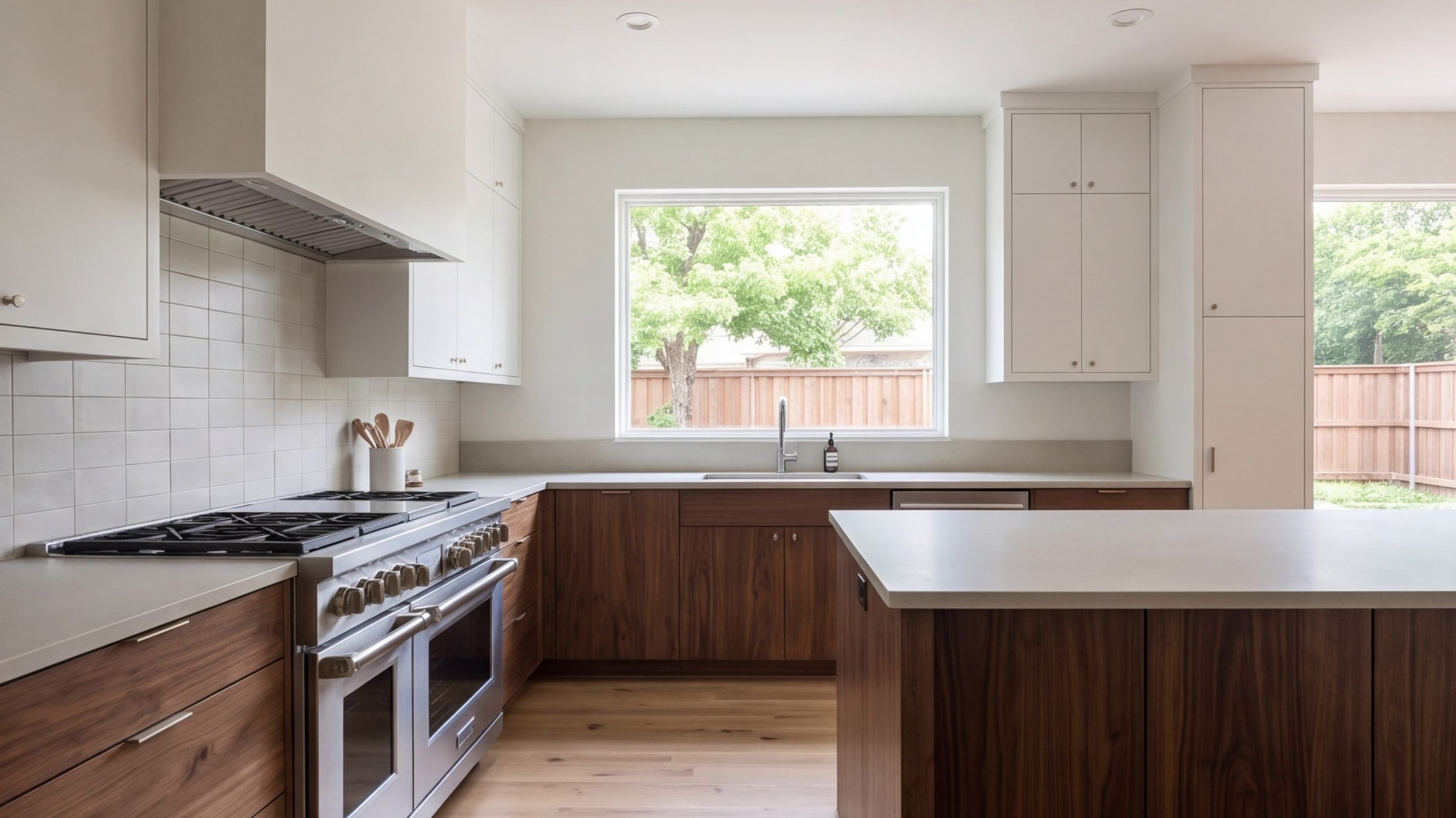 Finished kitchen in morning light with island and range wall, Fort Worth