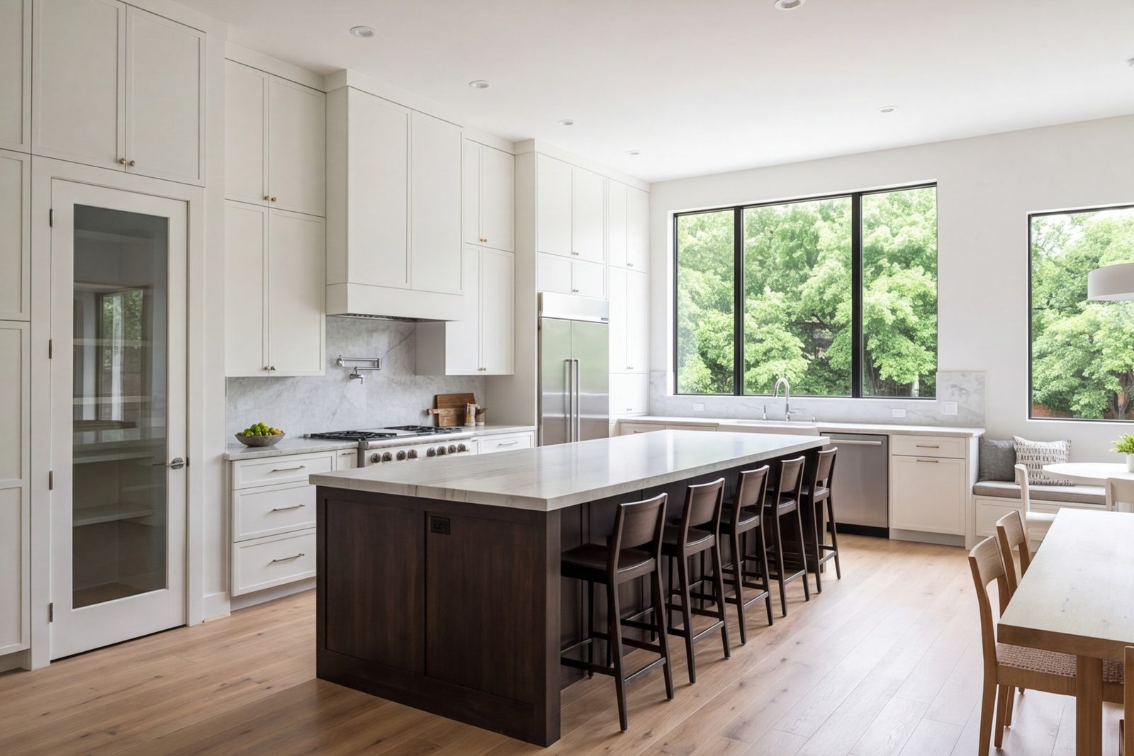 Saginaw kitchen with a long island, tall cabinets and bright overhead lighting