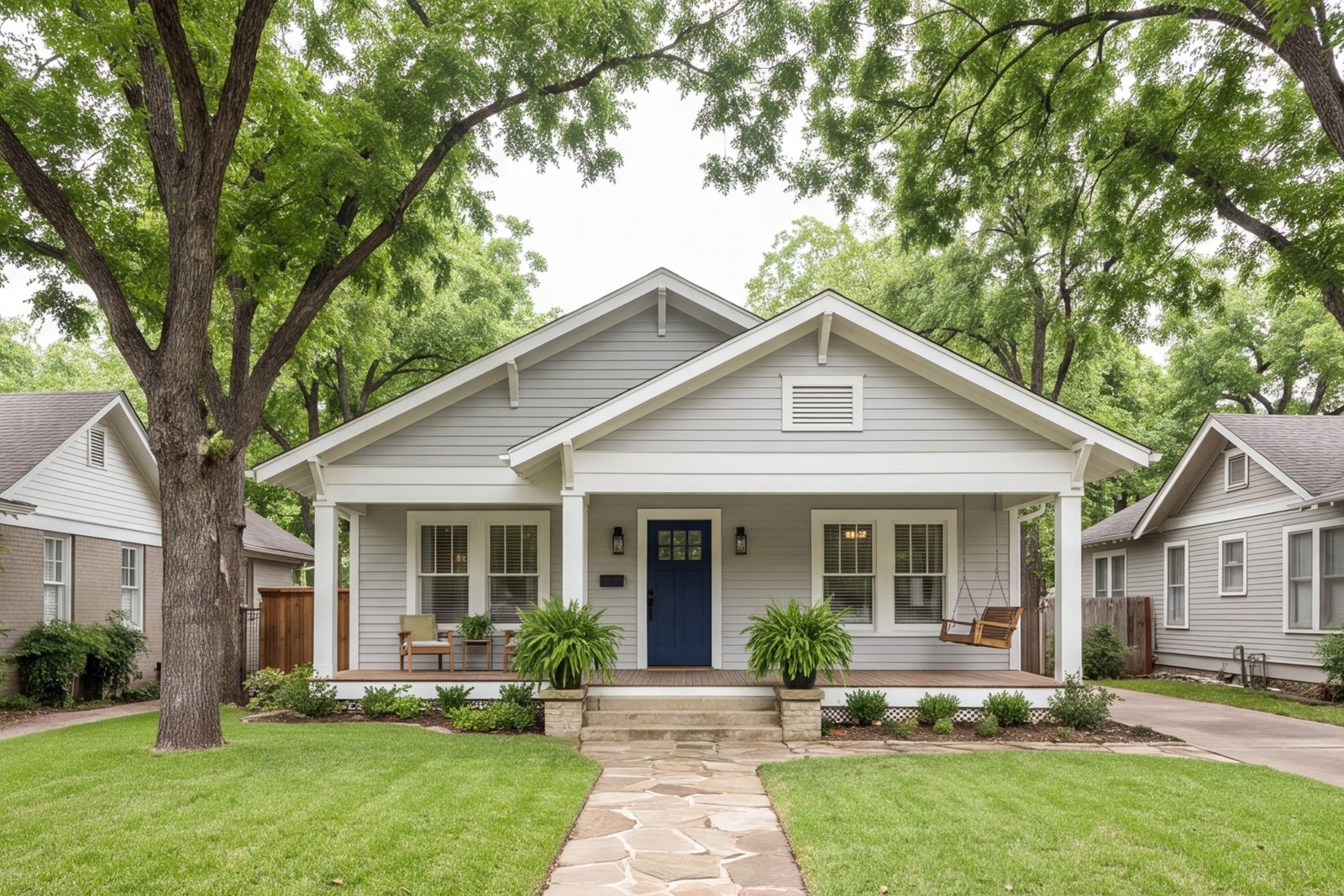 Front elevation of a remodeled Fort Worth house with new siding and entry