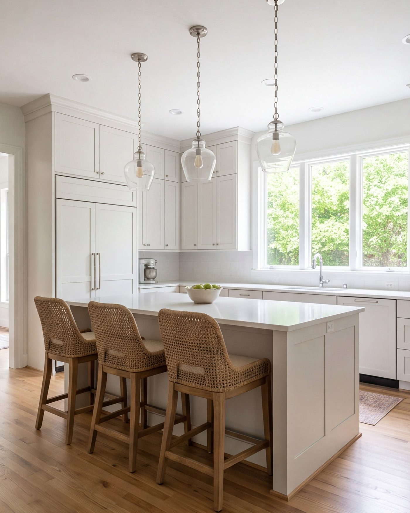 Remodeled kitchen with full-height cabinets, island seating and pendant lights, wide view, Fort Worth